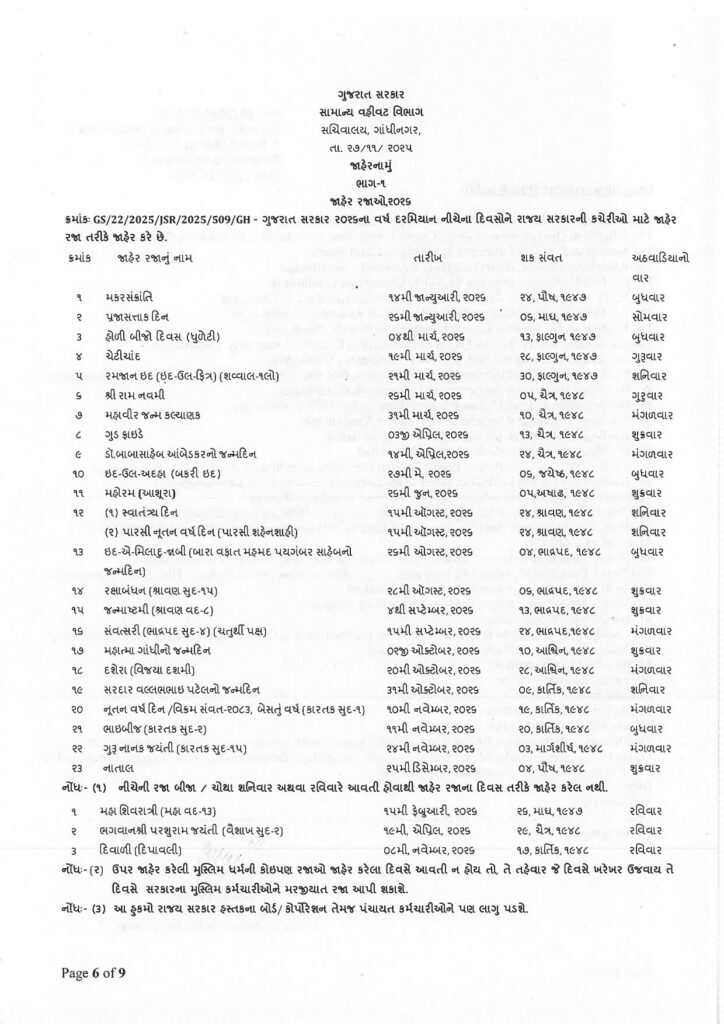 ગુજરાત જાહેર રજાની યાદી વર્ષ 2026 | Gujarat Public Holidays 2026 @gad.gujarat.gov.in